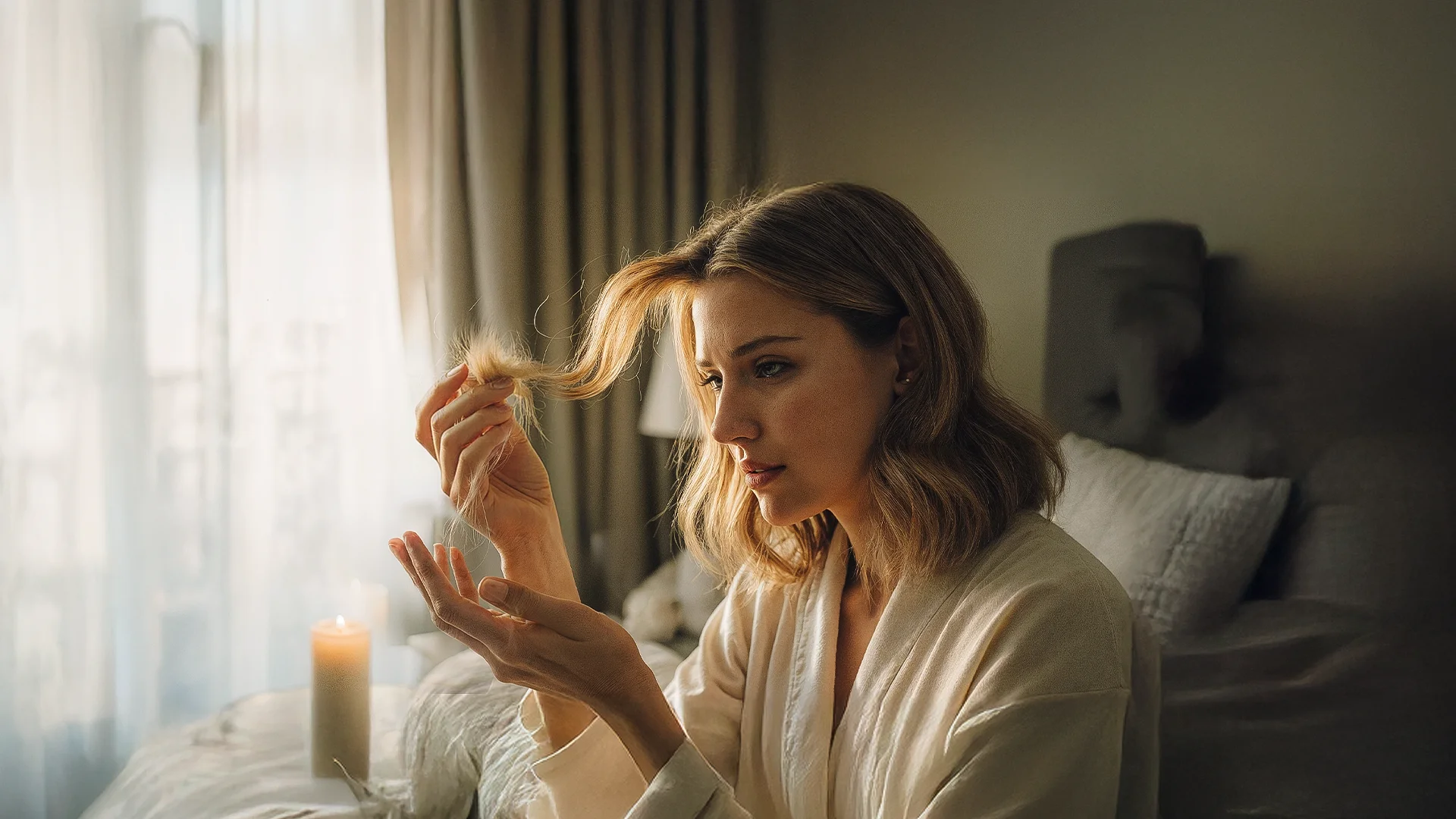 Woman brushing her hair in front of a mirror, addressing female hair loss concerns